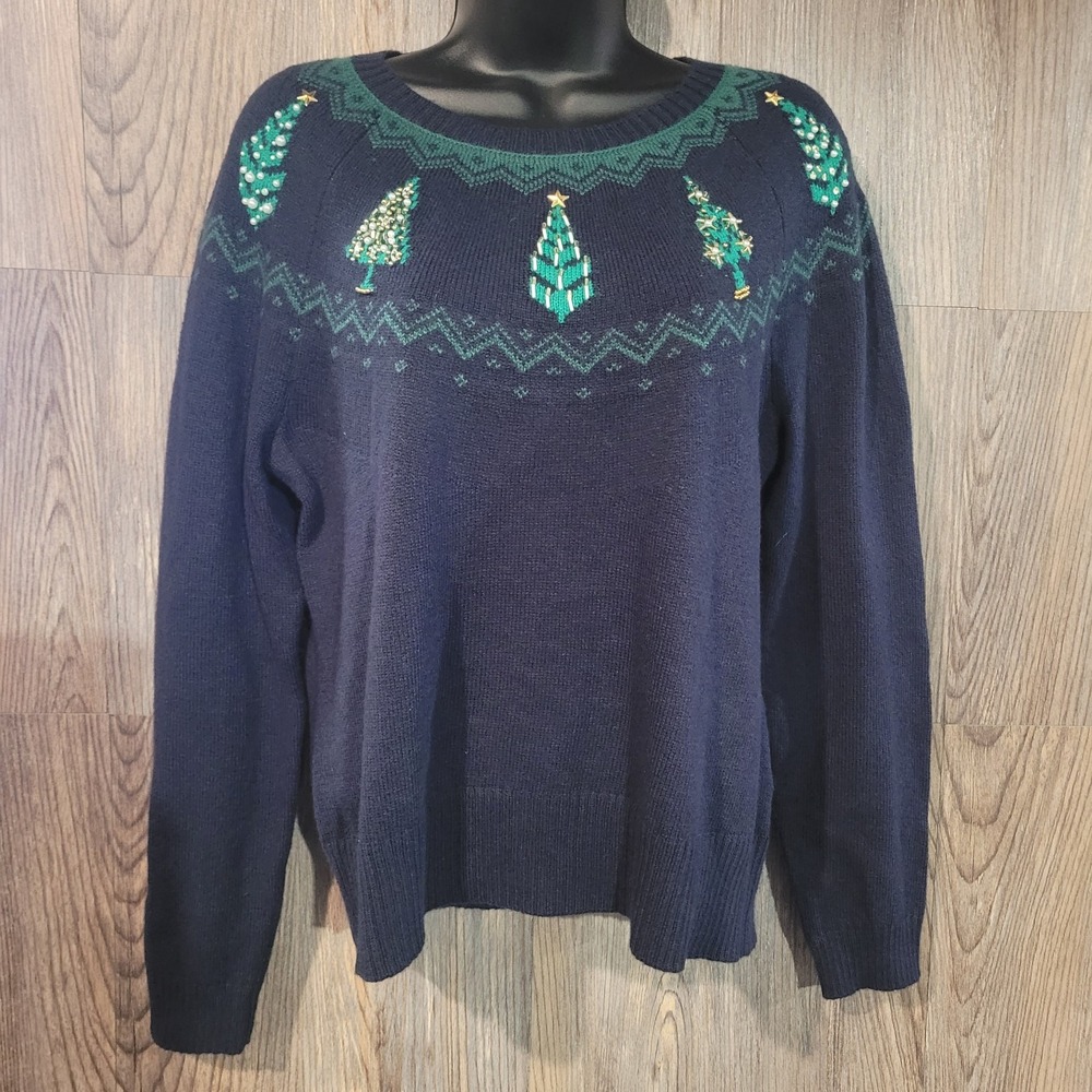 Talbots Christmas Sweater M Dark Blue/Green Fair Isle Beaded Trees Xmas Holiday